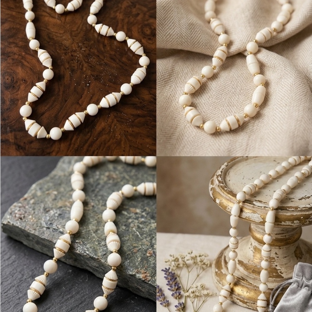 Vintage White Ribbed Bead Necklace-Retro